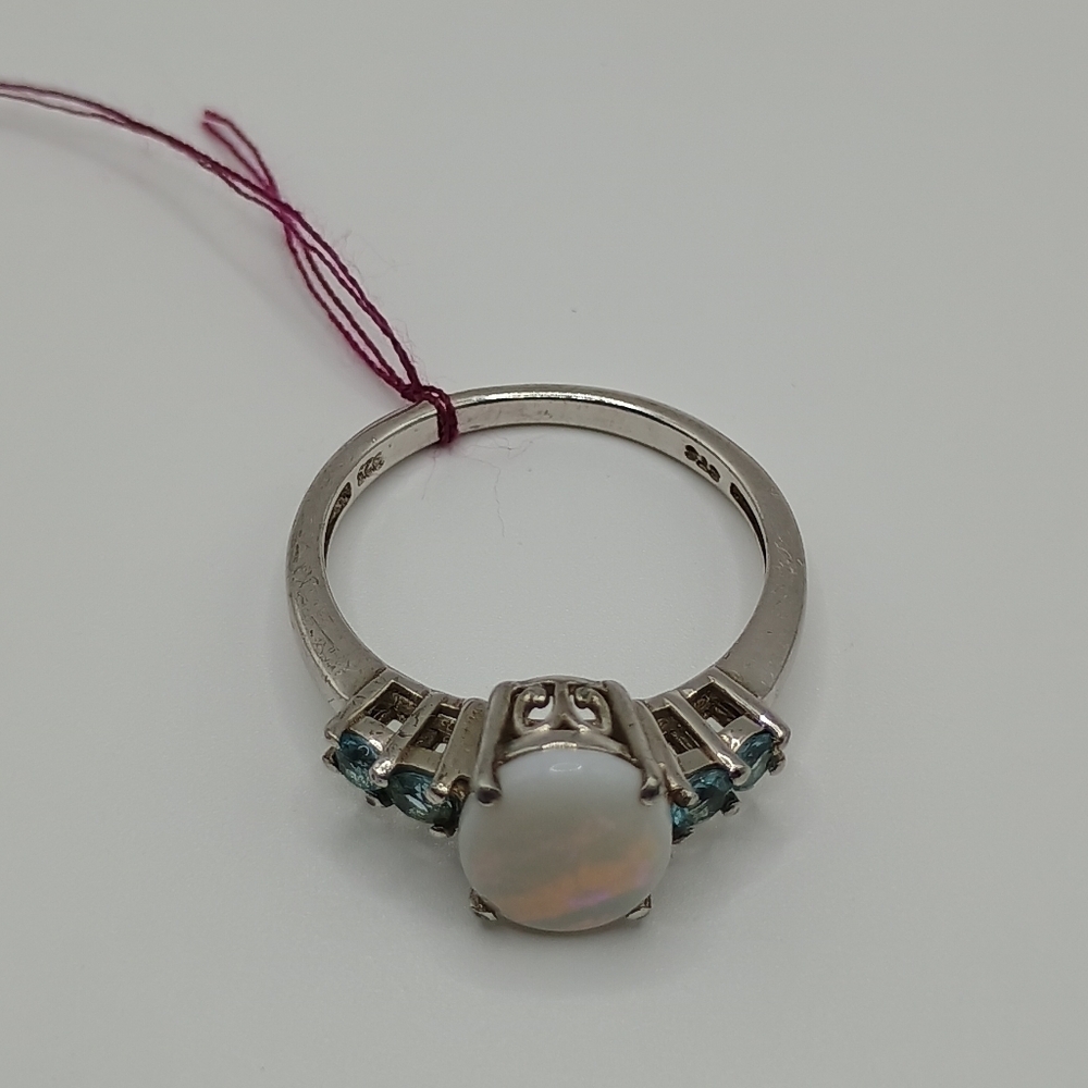 Sterling Silver Opal Oval Ring with Blue Accent Stones - Picture 7 of 8